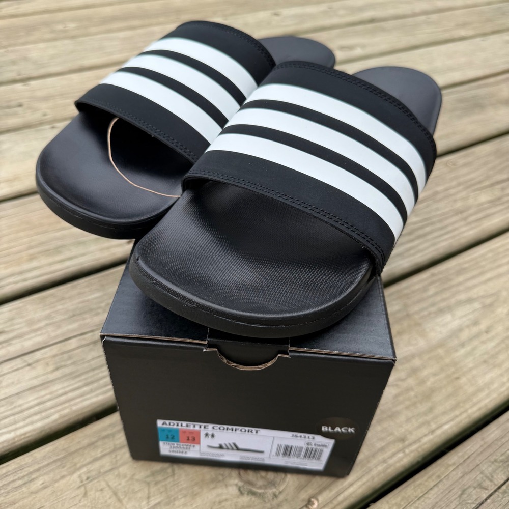 Adidas Unisex Men 12 Women 13 Adilette Comfort Slides Black White Sporty Slip On